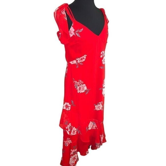 Speechless Red Floral A-Line V-Neck Short Sleeve Flutter Hem Midi Dress Size L - Picture 3 of 5